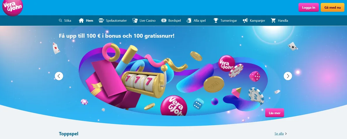 Spela tryggt hos Vera John casino online – gå till den officiella sajten och börja vinna redan idag